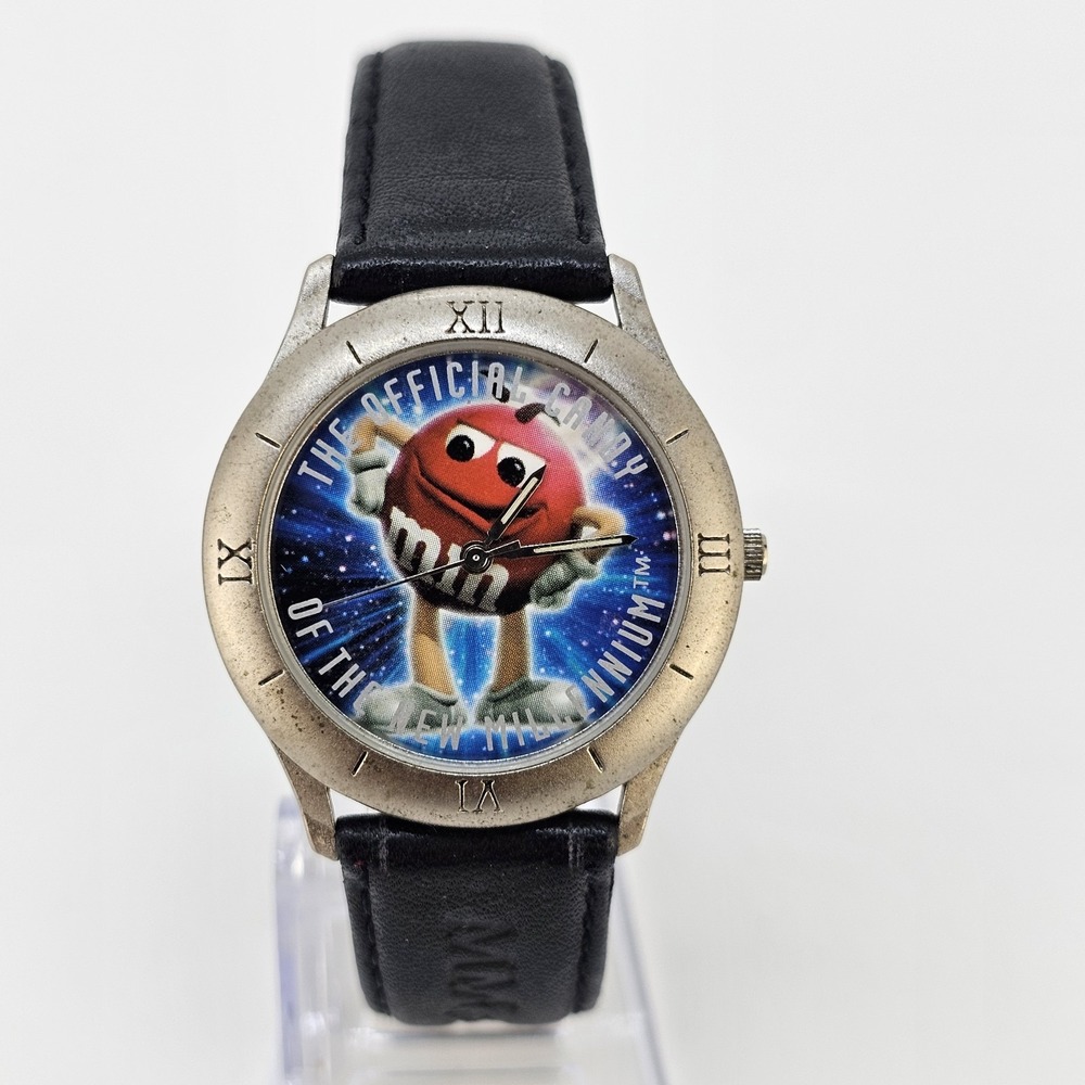 VTG 1998 M&M Unisex Watch 35MM Multicolor Dial Black Leather Bands New Battery
